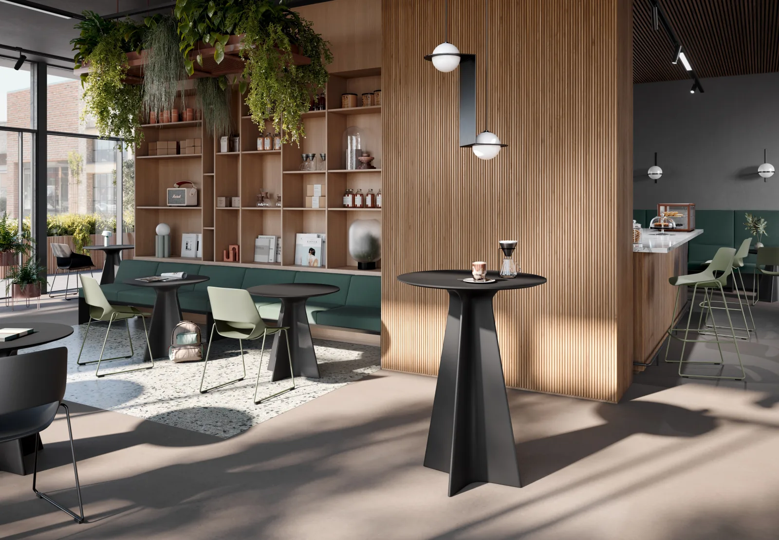 Cafeteria mit Stehtisch, gepolsterter Bank und Theke mit Barhockern