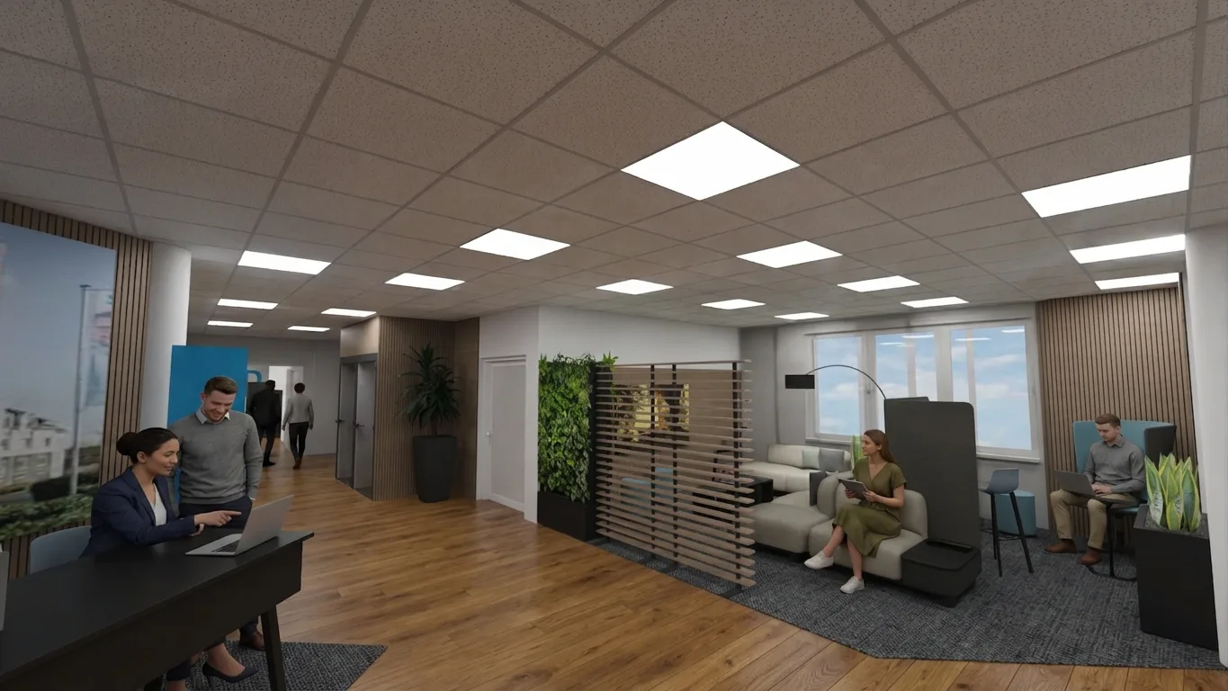 3D-Ansicht eines Empfangsbereichs: dunkle Theke links, Wand mit Holzlamellen, begrünter Raumteiler, dahinter Sofa und Sessel auf Holzboden