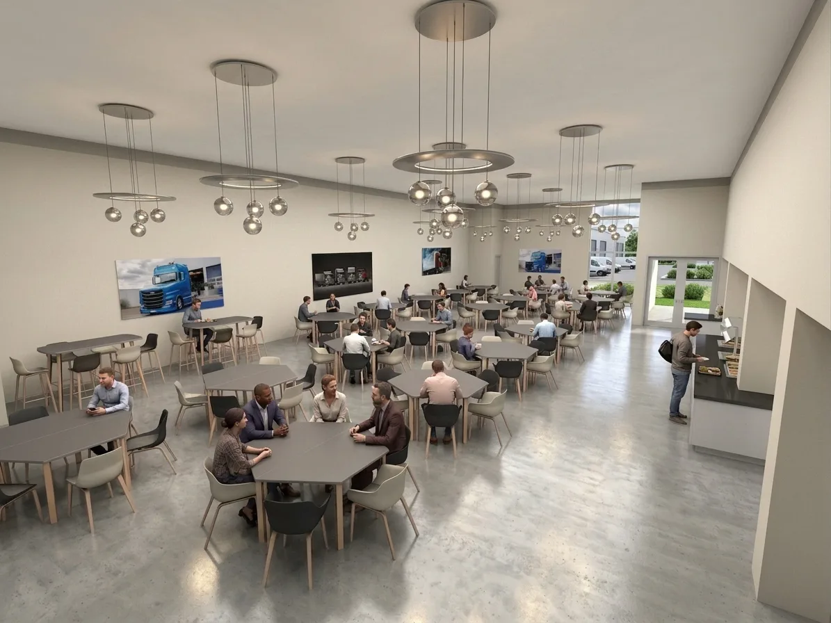 3D-Ansicht eines Betriebsrestaurants von oben: eckige Gruppentische mit hellen Stühlen, dazwischen erhöhte Tische mit Hockern, darüber Cluster aus runden Pendelleuchten