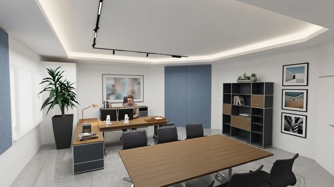 3D-Ansicht eines Einzelbüros mit Schreibtisch und Sideboard, davor ein Besprechungstisch mit vier Stühlen, rechts eine Regalwand, indirekte Deckenbeleuchtung