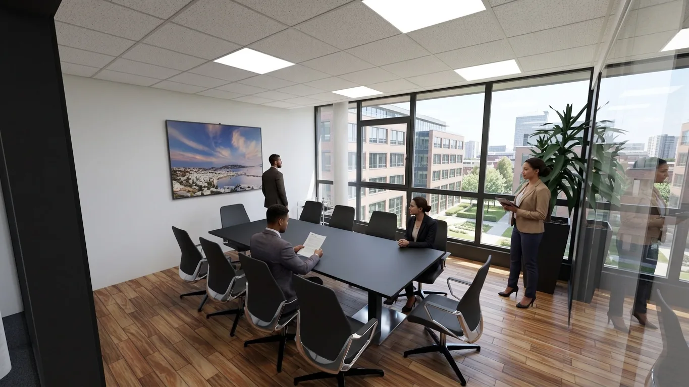 3D-Ansicht eines Konferenzraums mit langem dunklem Tisch und zehn Drehstühlen, Bildschirm an der Wand, Glastrennwand und Fensterfront mit Blick auf einen Büropark