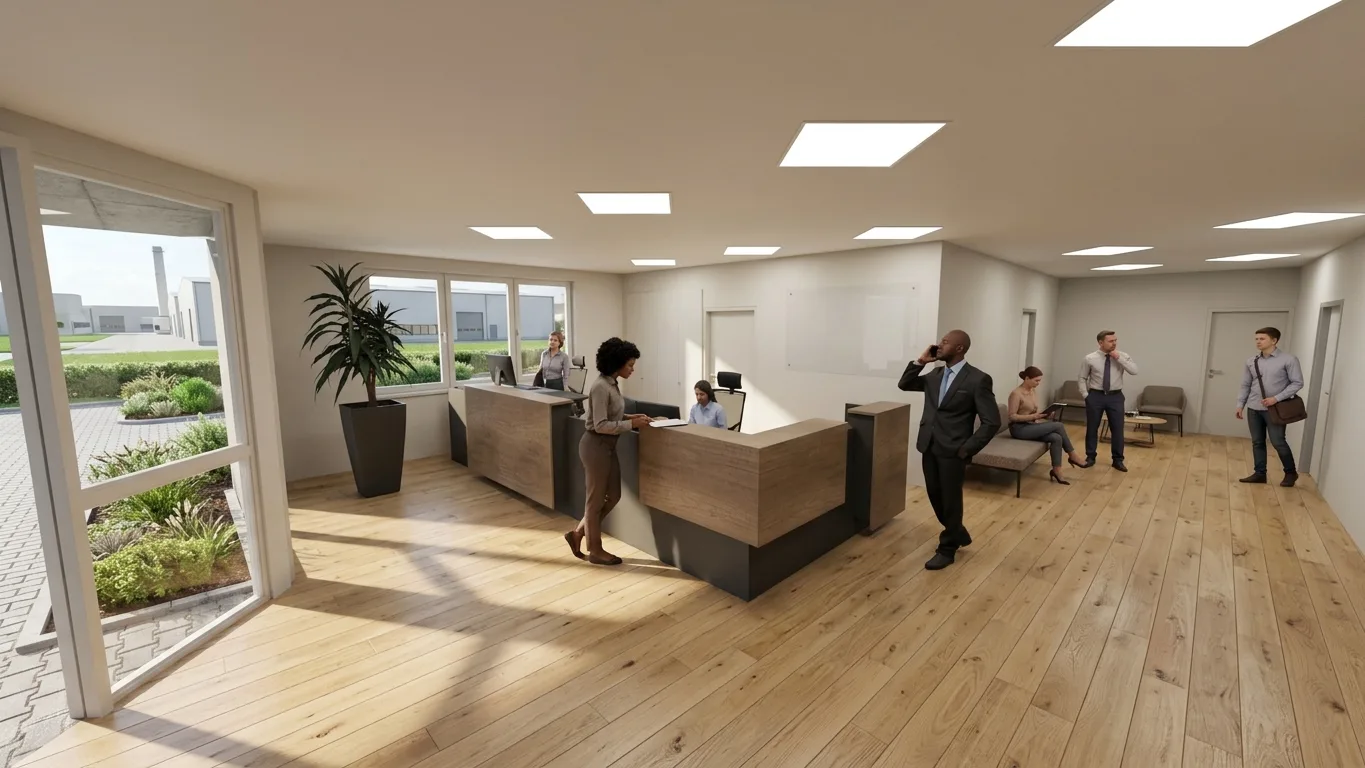 3D-Ansicht eines Empfangs mit heller Holztheke und dunklem Sockel, rechts eine Wartebank mit Besucherstühlen, Fensterfront mit Blick auf ein Gewerbegebiet